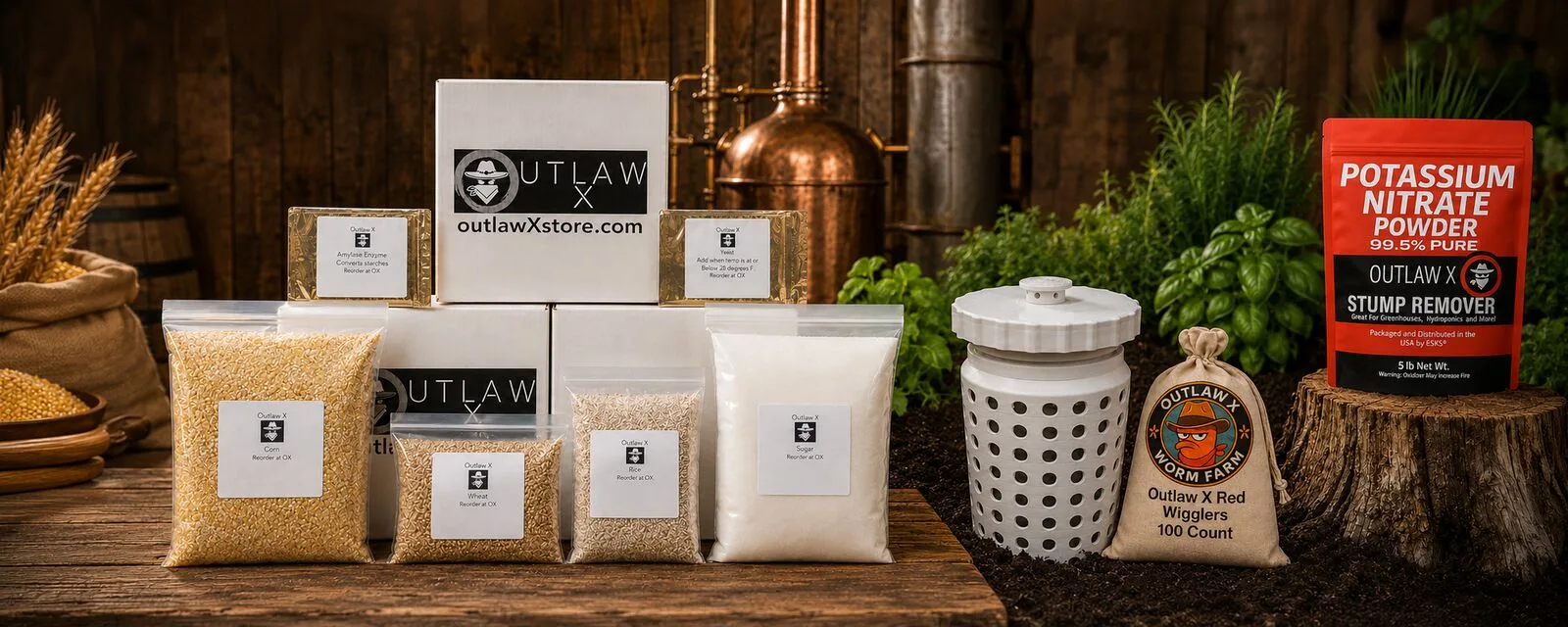 The Outlaw X product line — target mix kits, ammonium nitrate and powders